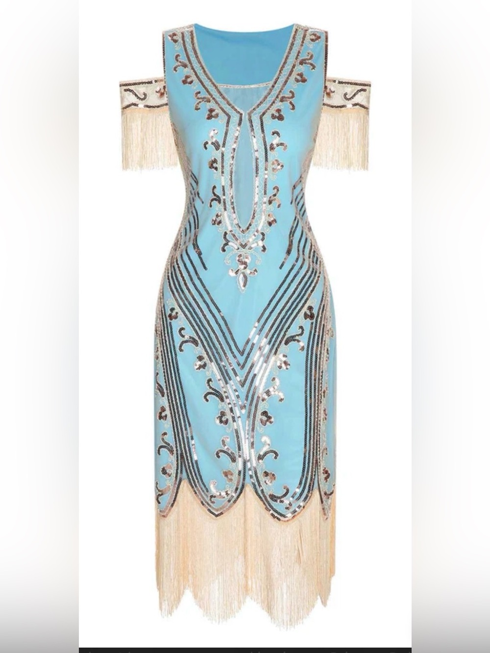 Fringe Hem Beaded Mini Dress in Light Blue